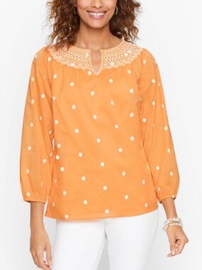 Talbots 100% Cotton  Polka Dot Embroidered Neck Peasant Top Size 1X